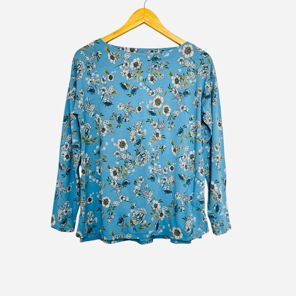 J. Jill Size S Blue Floral Print Soft Luxe Supima Boat Neck Tee Relaxed Fit